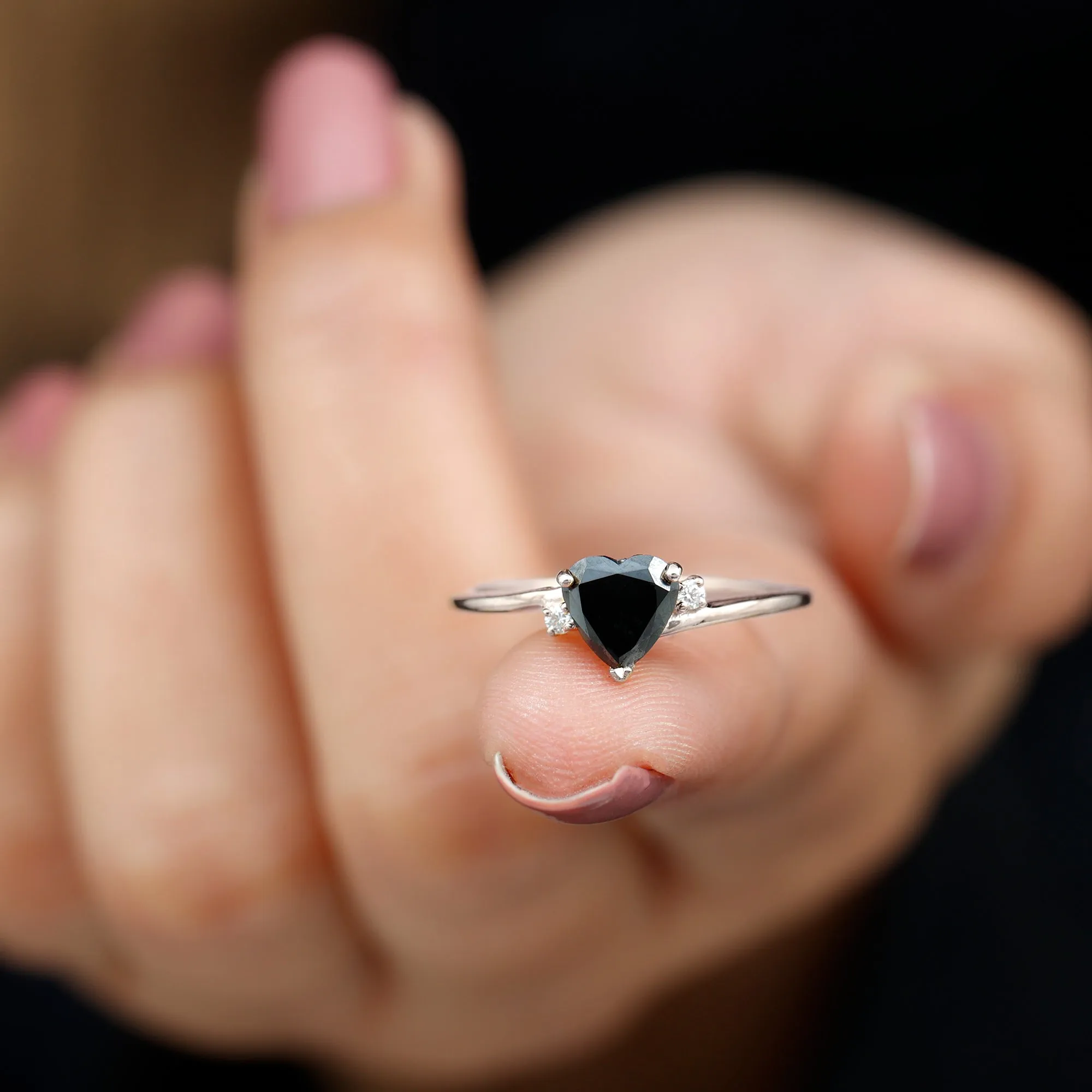 1 CT Heart Shape Created Black Diamond Solitaire Promise Ring with Diamond