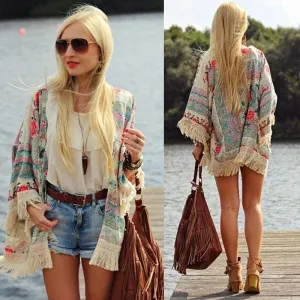 2016 summer chiffon blouse Retro Boho Floral Lace Cardigan Hippie Kimono Coat Blouse Cape Blazer Jacket Top