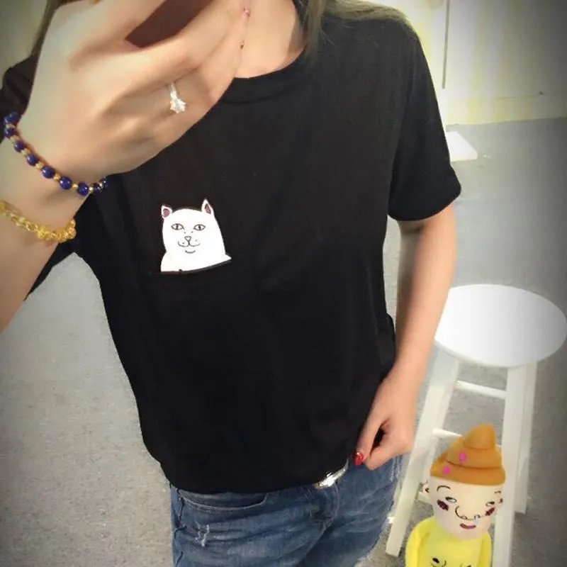 2016 Women T Shirt Cat Print Pockets Short Sleeve T-shirt  For Women Cotton Female T-Shirts Poleras De Mujer Camisetas