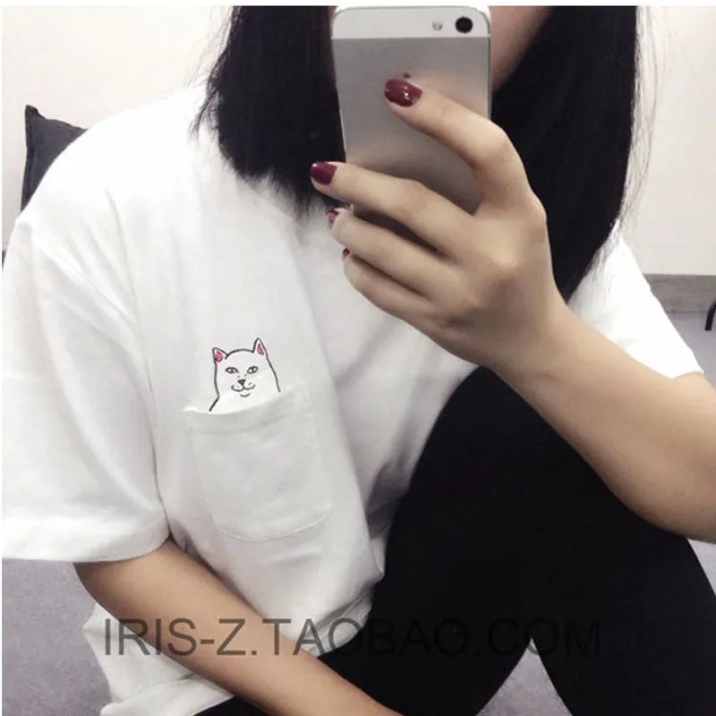 2016 Women T Shirt Cat Print Pockets Short Sleeve T-shirt  For Women Cotton Female T-Shirts Poleras De Mujer Camisetas