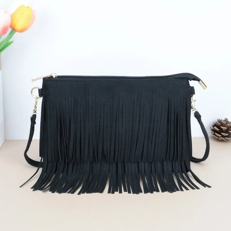 2023 Vintage Tassel Crossbody Bags For Women Casual Handbags And Purses Fashion Designer Solid Ladies Shoulder Bag Black