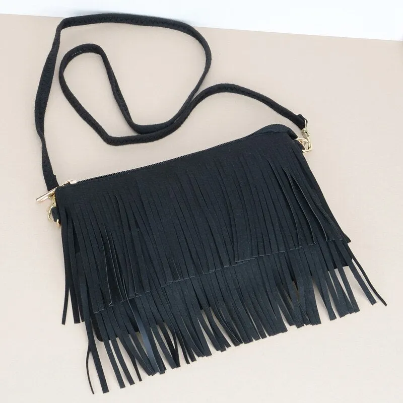 2023 Vintage Tassel Crossbody Bags For Women Casual Handbags And Purses Fashion Designer Solid Ladies Shoulder Bag Black