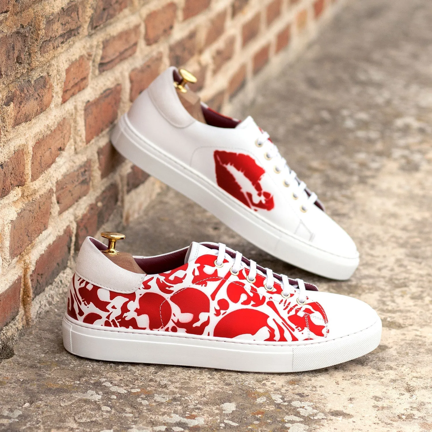 Ambrogio Bespoke Men's Shoes White & Red Suede / Calf-Skin Leather Stencil Sneakers (AMB2248)