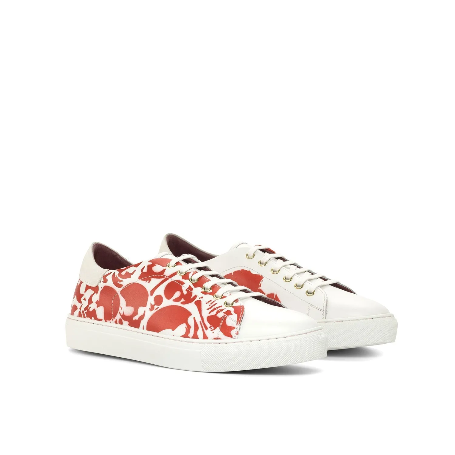 Ambrogio Bespoke Men's Shoes White & Red Suede / Calf-Skin Leather Stencil Sneakers (AMB2248)