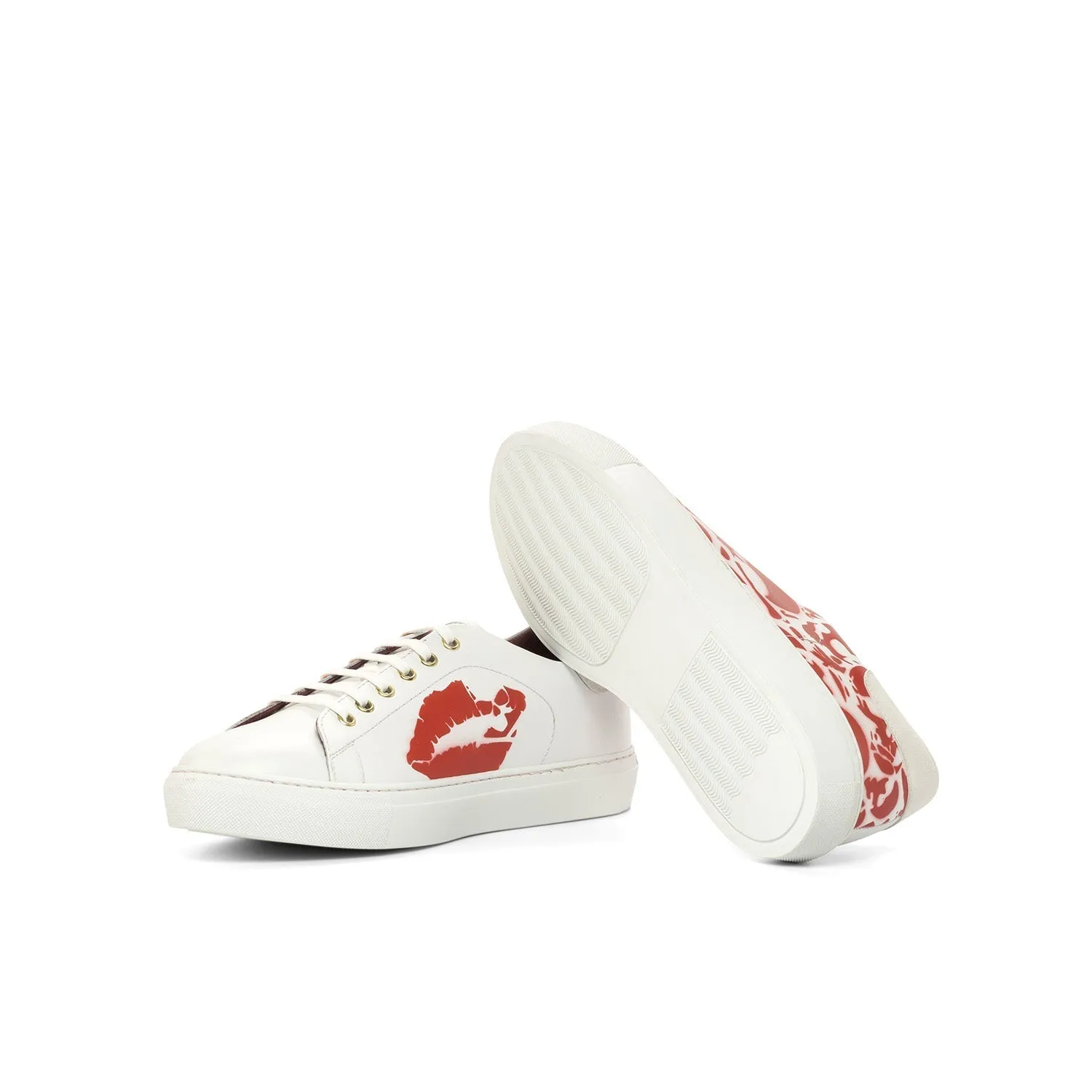 Ambrogio Bespoke Men's Shoes White & Red Suede / Calf-Skin Leather Stencil Sneakers (AMB2248)