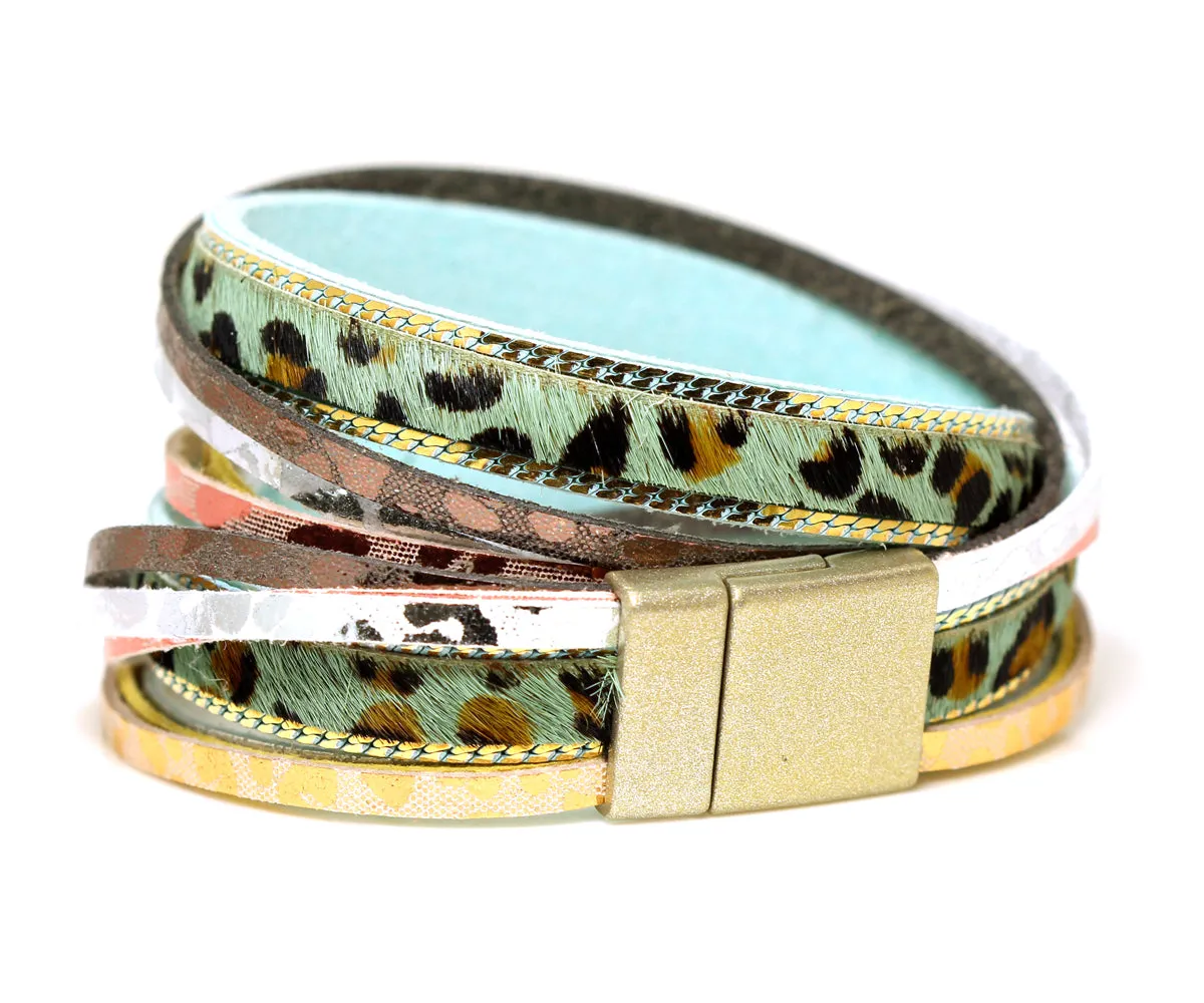 Animal Cheetah Fur Leather Double Wrap Bracelet