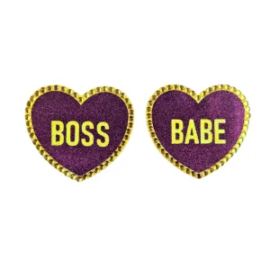 BOSS BABE - Glitter & Crystal Heart Shaped Nipple Pasties, Covers (2pcs) with Titles for Burlesque Raves Lingerie Carnival