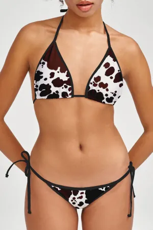 Cowgirl Lara White Brown Cow Print Triangle String Bikini Top - Women