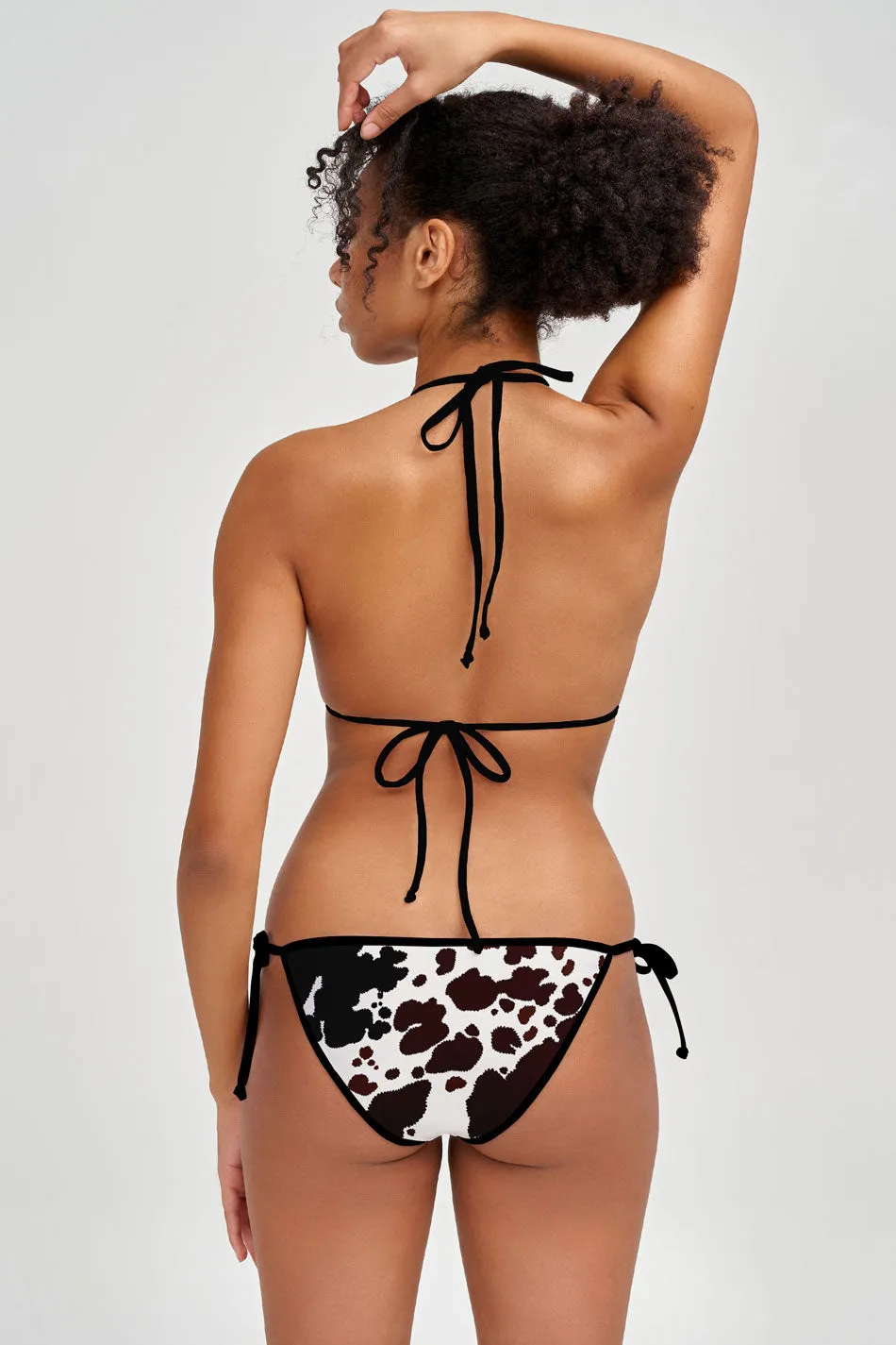 Cowgirl Lara White Brown Cow Print Triangle String Bikini Top - Women