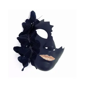 Cracked Half Face Butterfly Mask - Black / Gold Lip