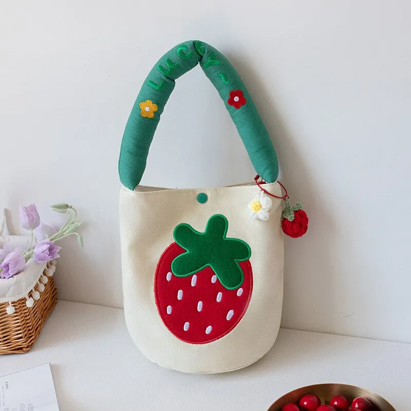 Cute Canvas Bucket Bag for Women 2023 Girls Summer Embroidery Strawberry Handbag Lady Fashion Letter Top Handle Bag with Pendant