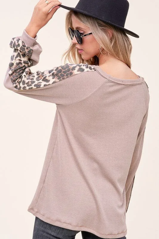 E Luna Animal Print Mixed Baseball Top