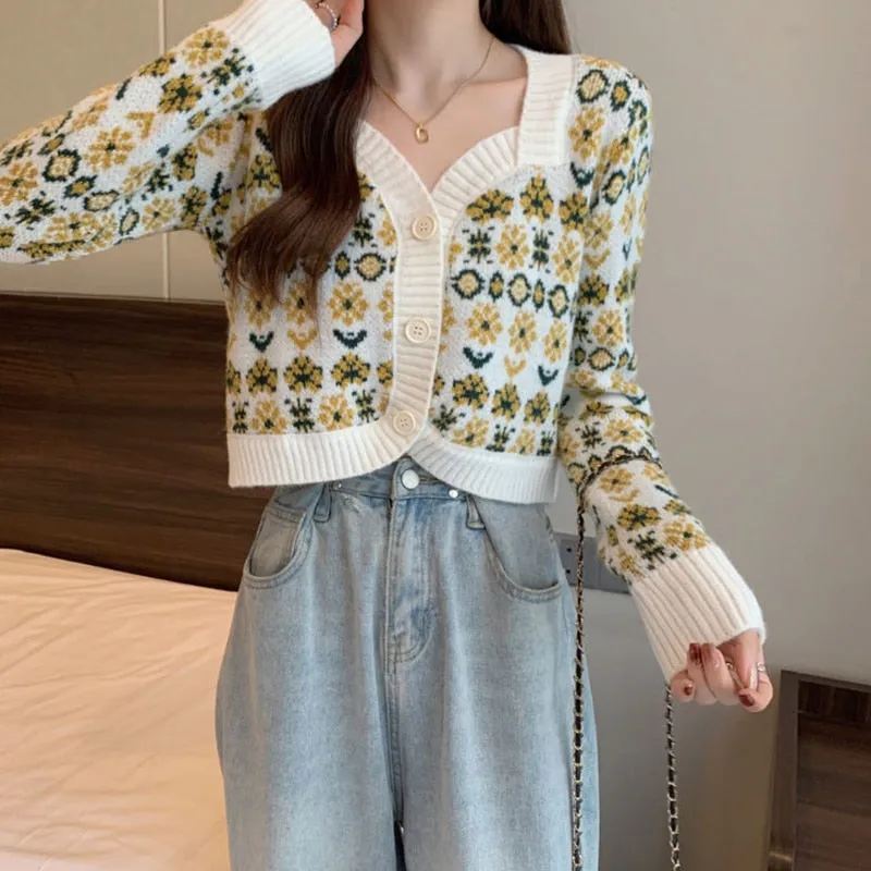 Fashionkova  Autumn Winter 2022 New Chic Vintage Flower Knitted Cardigan Female Hotsweet Square Short Long Sleeves Top Women Japanese Sweater