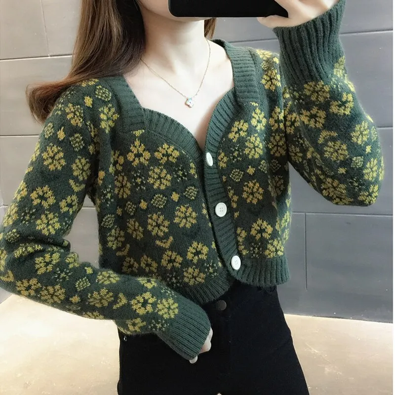 Fashionkova  Autumn Winter 2022 New Chic Vintage Flower Knitted Cardigan Female Hotsweet Square Short Long Sleeves Top Women Japanese Sweater