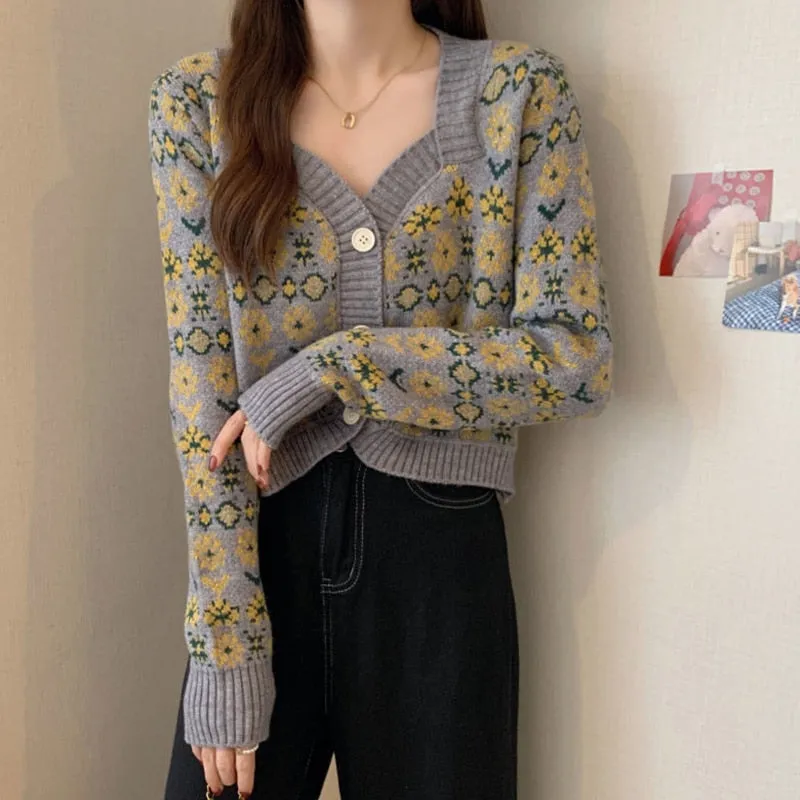 Fashionkova  Autumn Winter 2022 New Chic Vintage Flower Knitted Cardigan Female Hotsweet Square Short Long Sleeves Top Women Japanese Sweater