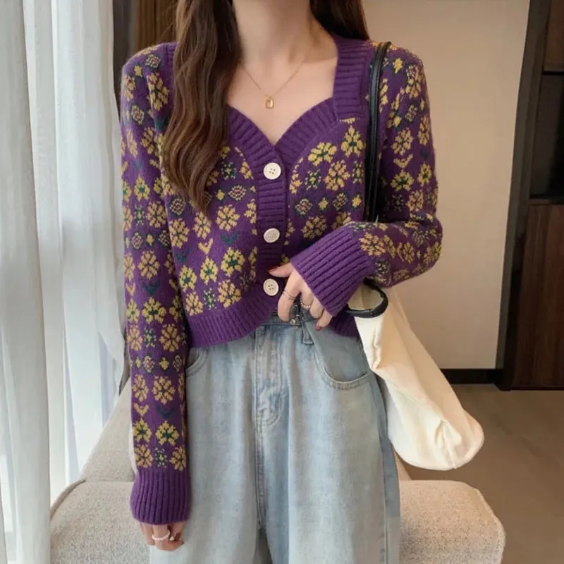 Fashionkova  Autumn Winter 2022 New Chic Vintage Flower Knitted Cardigan Female Hotsweet Square Short Long Sleeves Top Women Japanese Sweater