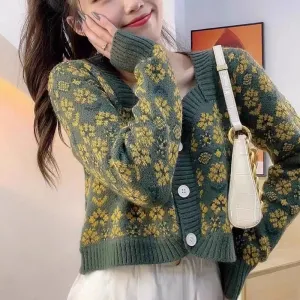 Fashionkova  Autumn Winter 2022 New Chic Vintage Flower Knitted Cardigan Female Hotsweet Square Short Long Sleeves Top Women Japanese Sweater