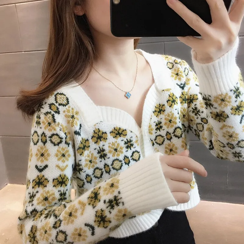 Fashionkova  Autumn Winter 2022 New Chic Vintage Flower Knitted Cardigan Female Hotsweet Square Short Long Sleeves Top Women Japanese Sweater