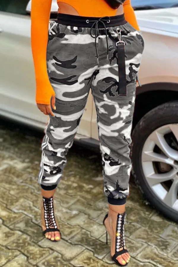 Fashionkova - Grey Blue Green Yellow Drawstring Mid Patchwork Print bandage camouflage Loose Capris Bottoms