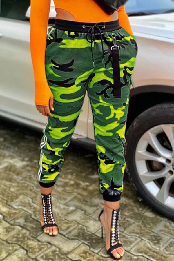 Fashionkova - Grey Blue Green Yellow Drawstring Mid Patchwork Print bandage camouflage Loose Capris Bottoms