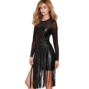 Gal Aston Fringe Vegan Leather  Tassel Dress  Mesh Long Sleeve