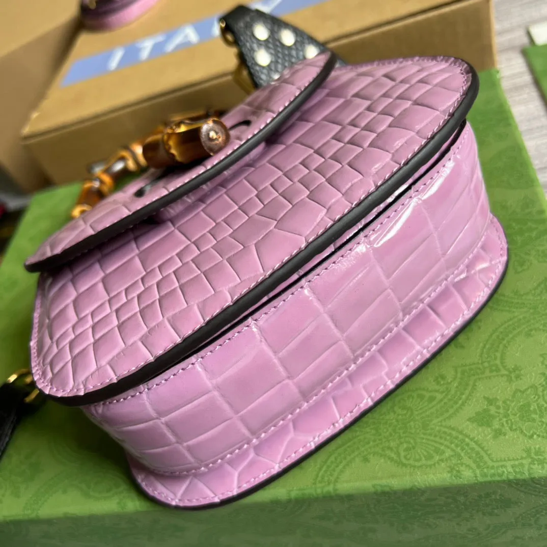 gg Bamboo 1947 Crocodile Mini Top Handle Bag Pink For Women, Women&#8217;s Bags 6.7in/17cm gg