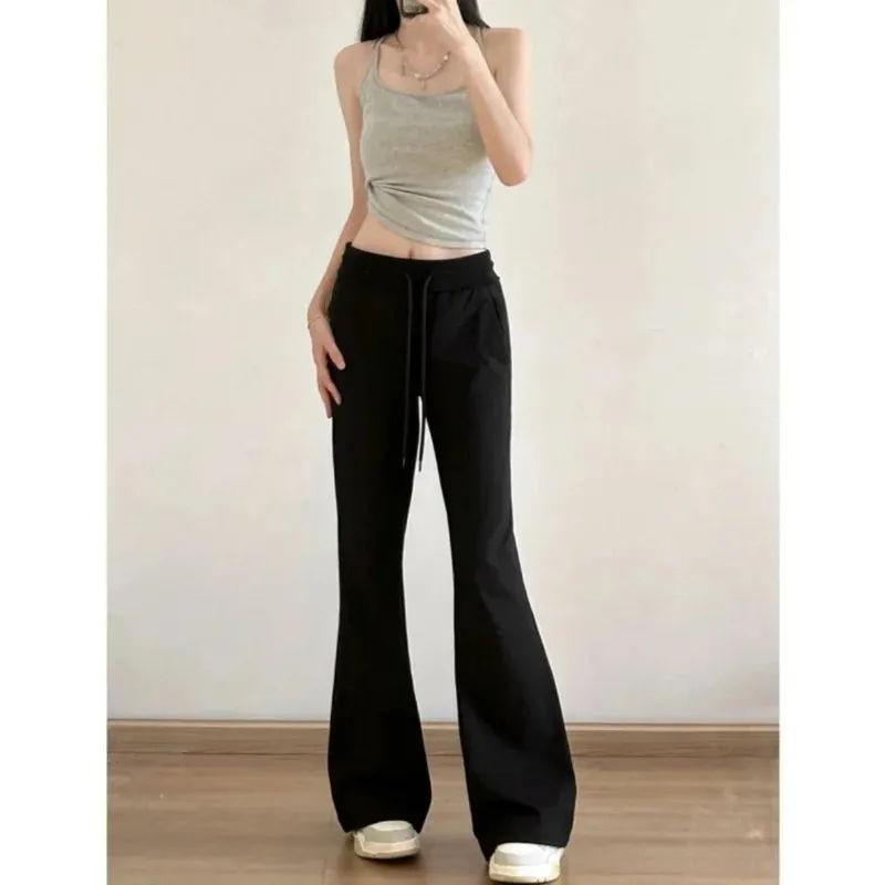 Girlary Autumn New High Waist Slim Micro Flare Pants Women's Solid Drawstring Pocket Korean Fashion Commuter Versatile Straight Trousers