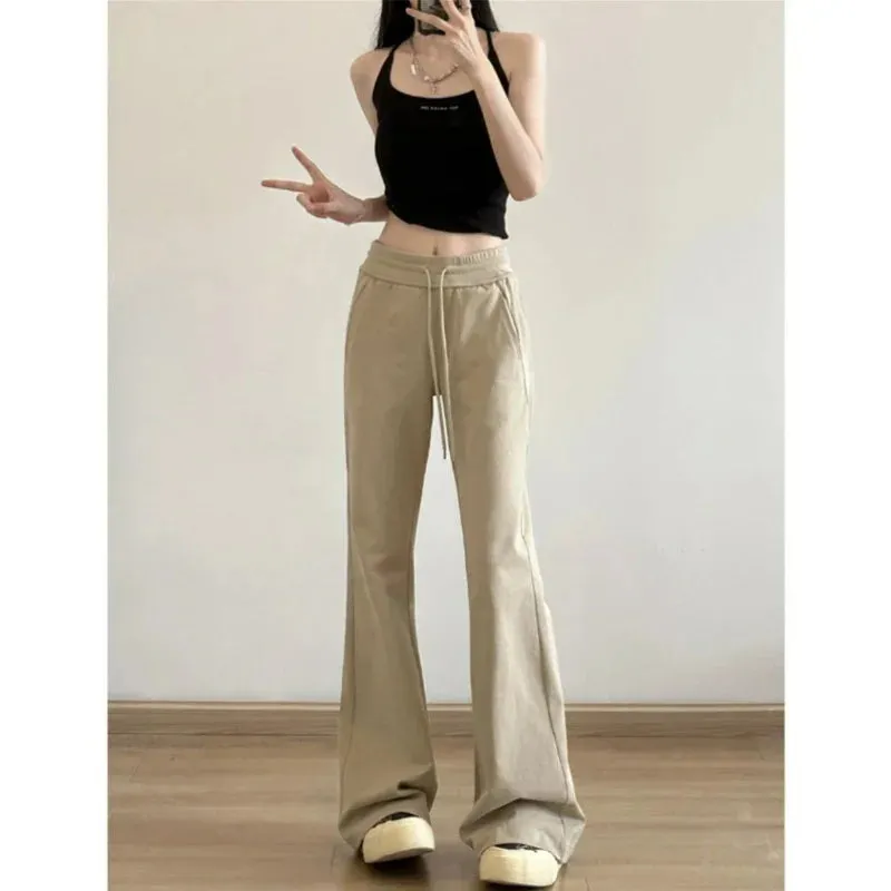 Girlary Autumn New High Waist Slim Micro Flare Pants Women's Solid Drawstring Pocket Korean Fashion Commuter Versatile Straight Trousers