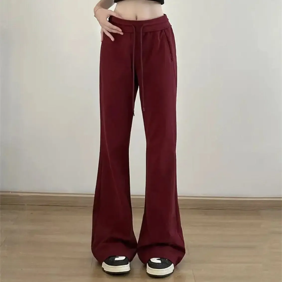 Girlary Autumn New High Waist Slim Micro Flare Pants Women's Solid Drawstring Pocket Korean Fashion Commuter Versatile Straight Trousers