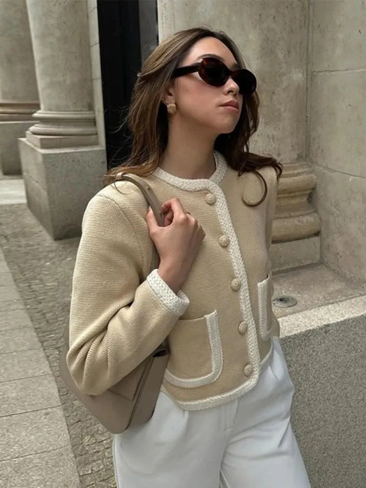 Girlary Chic Patchwork Single Breasted Knitting Cardigan Women Elegant O Neck Long Sleeve Pocket Sweater Coat New Office Lady Crop Top