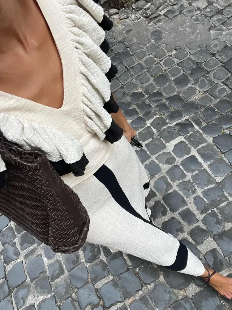 Girlary Elegant Patchwork Ruffles Contrast Dress Suit Fashion Women V Neck Backless Sleeveless Top Sets 2024 Lady Vacation Street Outfit