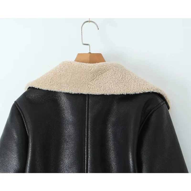 Girlary Lambswool Patchwork Faux Leather Short Jacket Women Vintage With Belt Long Sleeve Warm Autumn Winter Coat