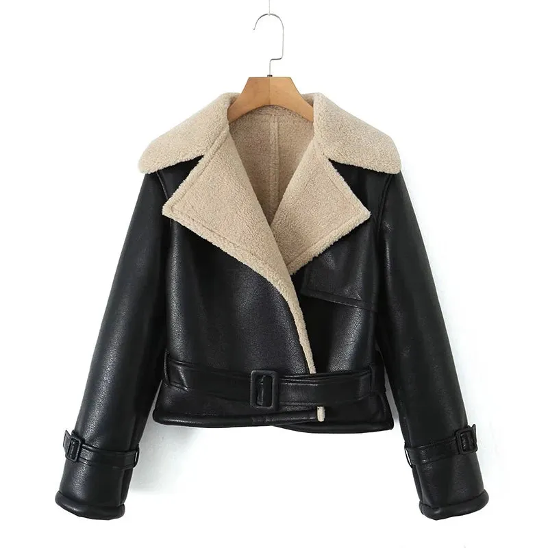 Girlary Lambswool Patchwork Faux Leather Short Jacket Women Vintage With Belt Long Sleeve Warm Autumn Winter Coat