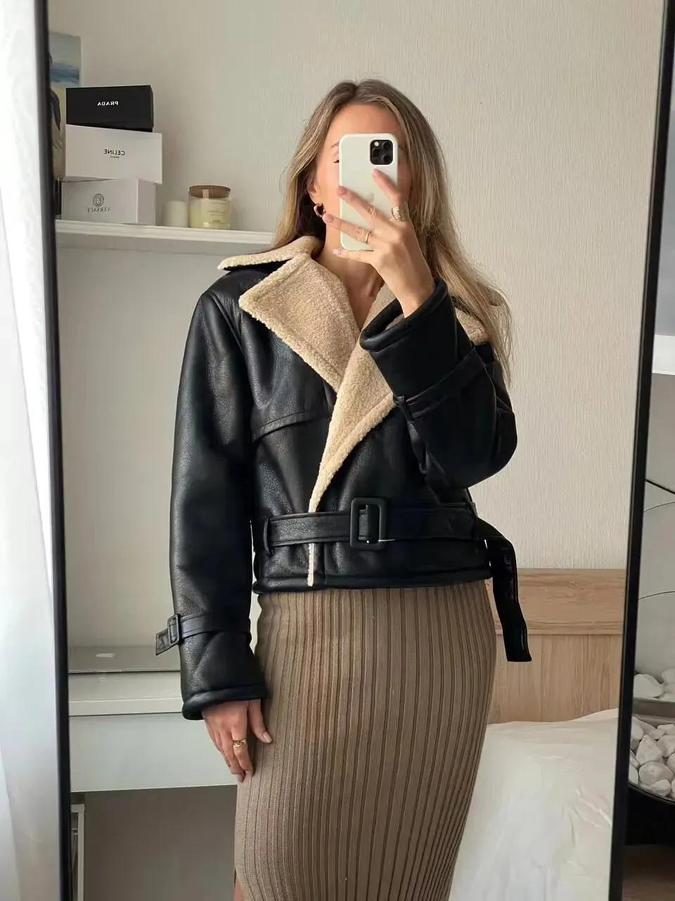 Girlary Lambswool Patchwork Faux Leather Short Jacket Women Vintage With Belt Long Sleeve Warm Autumn Winter Coat