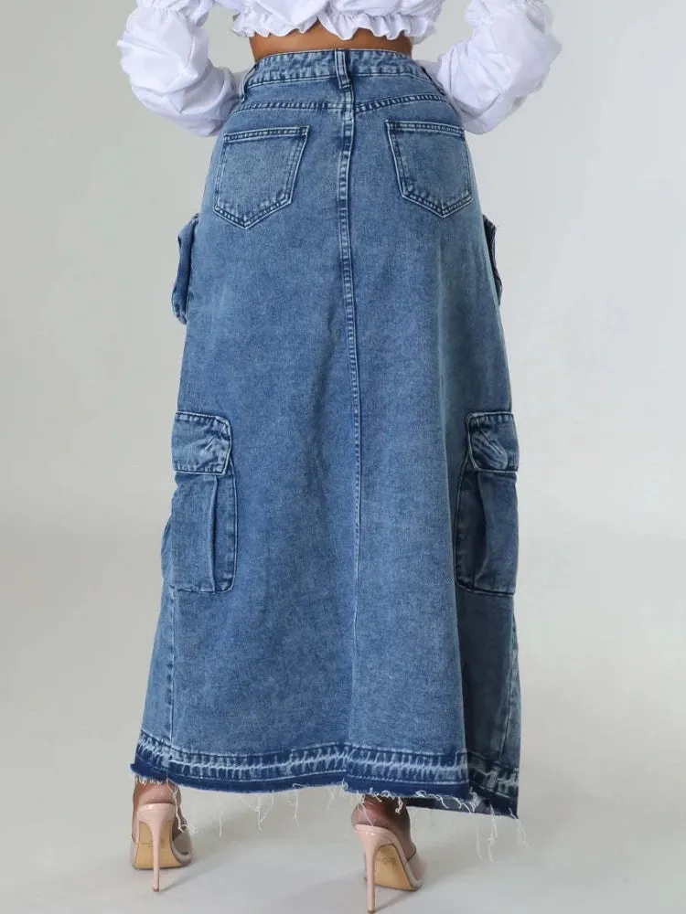 Girlary Vintage Loose Chic Skirts For Women Elegant High Waist Office Lady Long Skirt Fashion Blue Denim Skirt Female Clothing