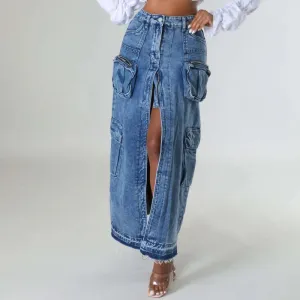 Girlary Vintage Loose Chic Skirts For Women Elegant High Waist Office Lady Long Skirt Fashion Blue Denim Skirt Female Clothing