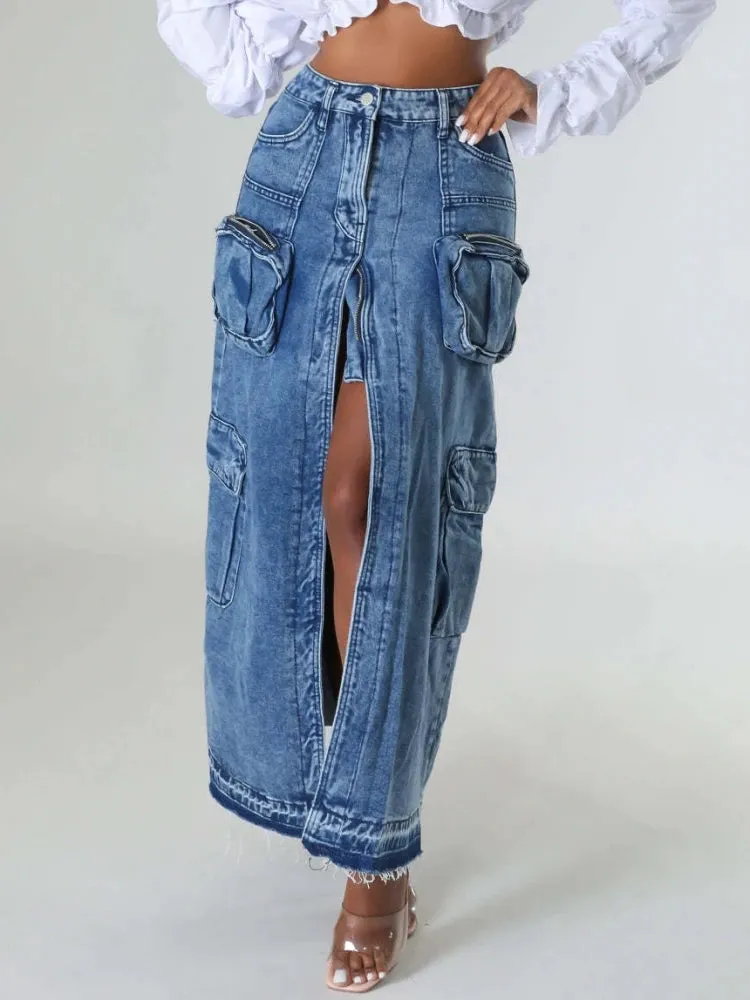 Girlary Vintage Loose Chic Skirts For Women Elegant High Waist Office Lady Long Skirt Fashion Blue Denim Skirt Female Clothing