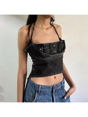 Girlary Woman Tight Bodycon Corset Denim Top Bustier Square Neck Crochet Backless Top Solid Color Camisole Patchwork Tank Top Y2K