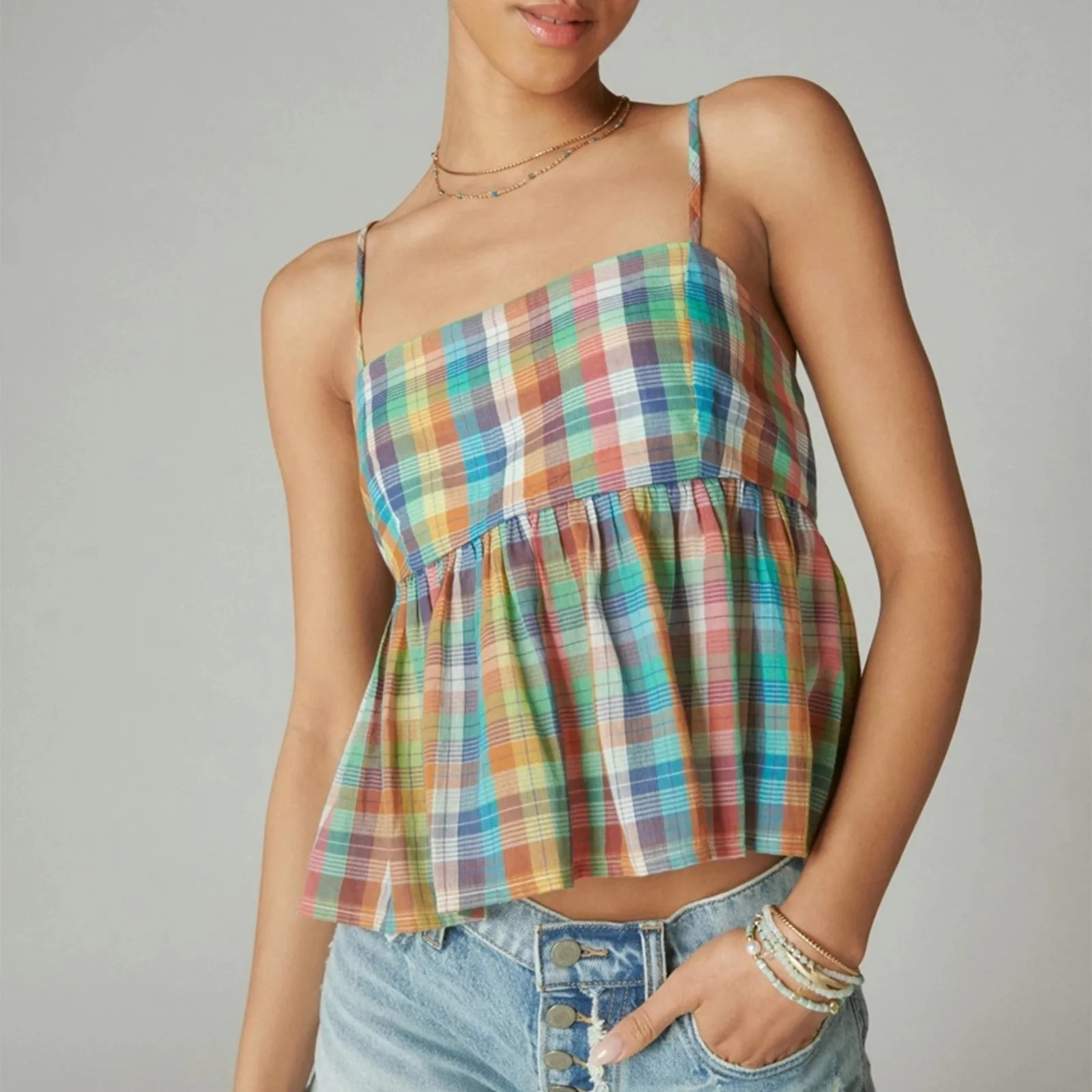 Girlary Y2k Cami Tops for Women Gingham Striped Tank Crop Top Lace Trim Plaid V Neck Ruffle Hem Camisole Going Out Shirt