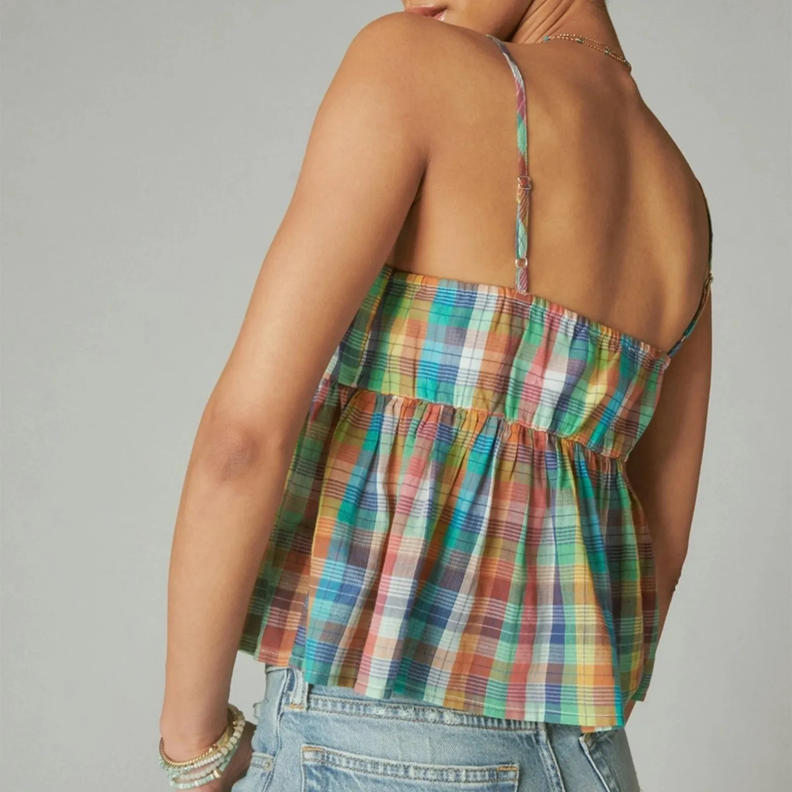 Girlary Y2k Cami Tops for Women Gingham Striped Tank Crop Top Lace Trim Plaid V Neck Ruffle Hem Camisole Going Out Shirt