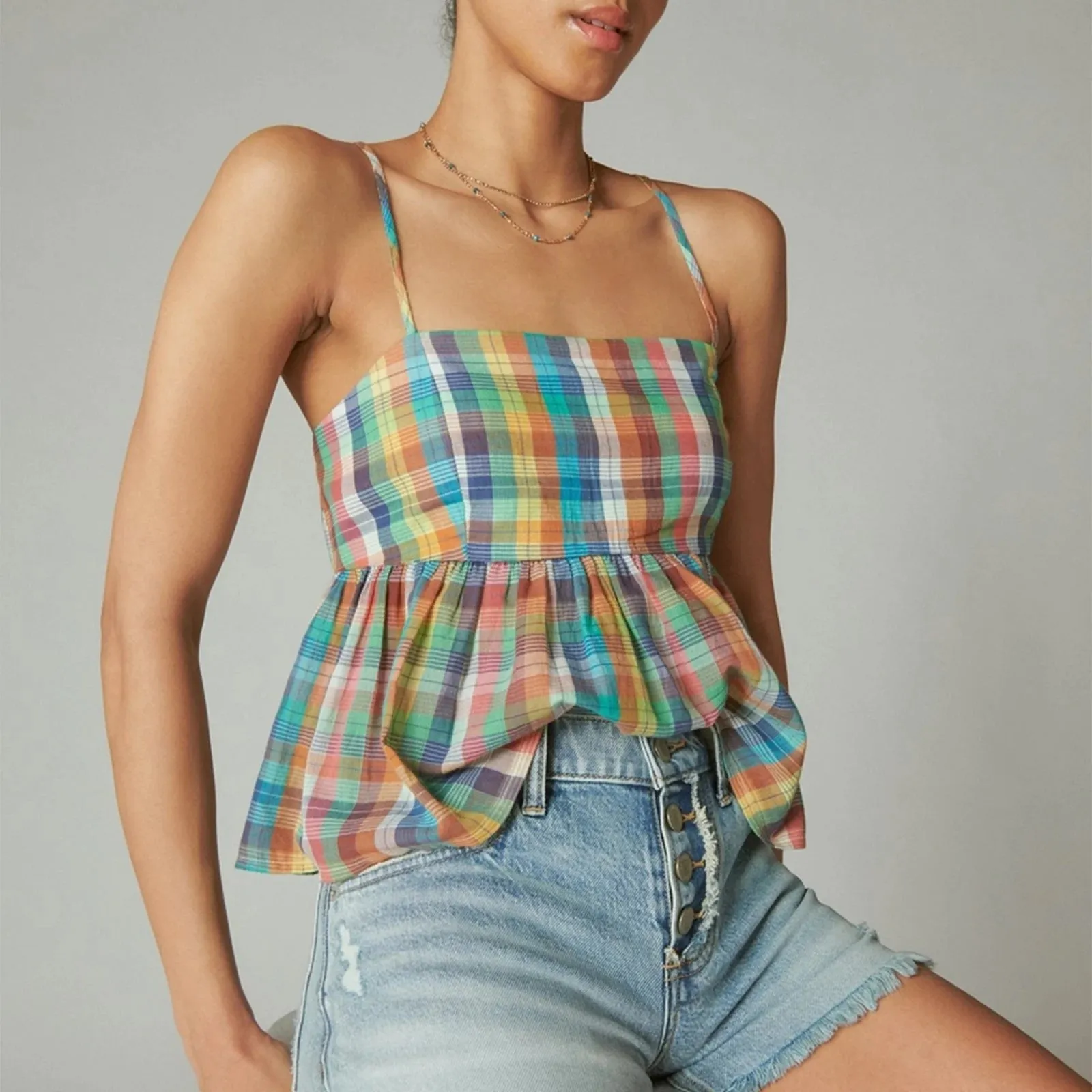 Girlary Y2k Cami Tops for Women Gingham Striped Tank Crop Top Lace Trim Plaid V Neck Ruffle Hem Camisole Going Out Shirt