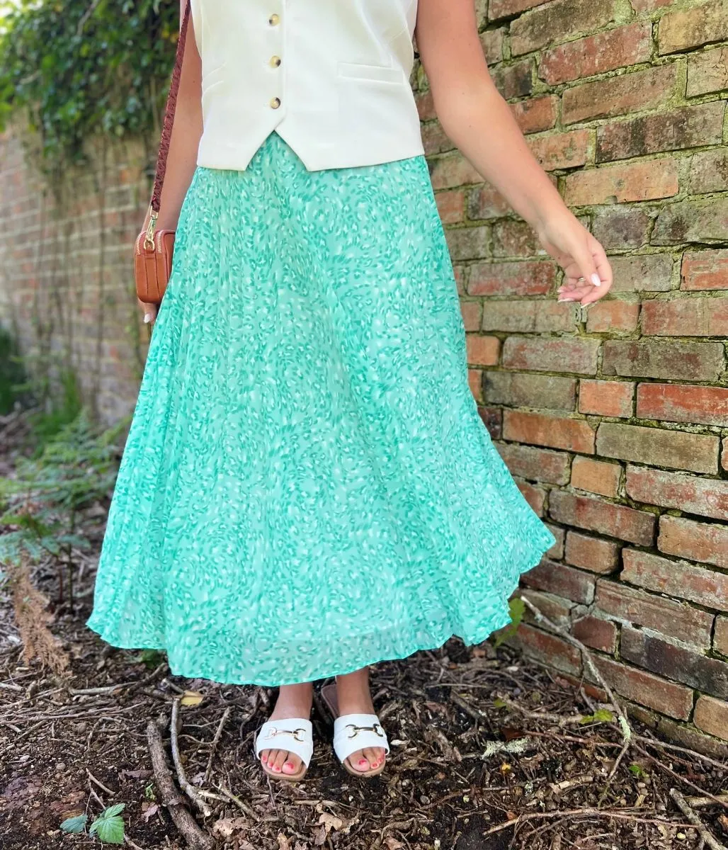 Green Swirling Animal Pleated Midi Skirt 6