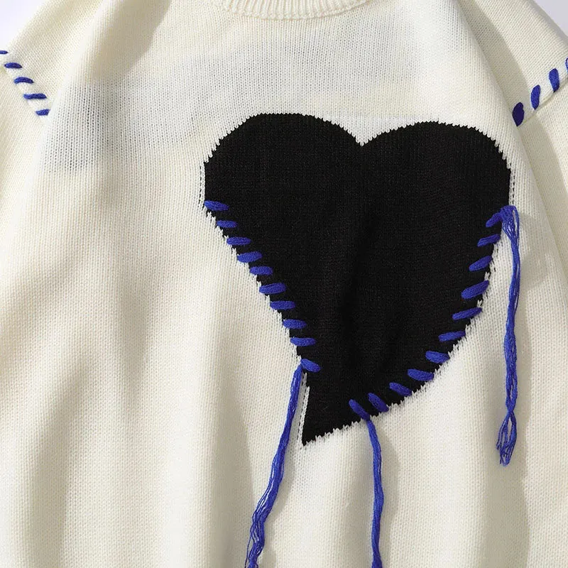 Harajuku Heart-shape Pattern Tassel Knitted Ugly Sweaters Men Hip Hop Vintage Casual Loose O-Neck College Style Pullover Couples