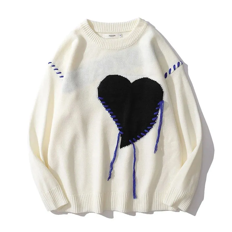 Harajuku Heart-shape Pattern Tassel Knitted Ugly Sweaters Men Hip Hop Vintage Casual Loose O-Neck College Style Pullover Couples