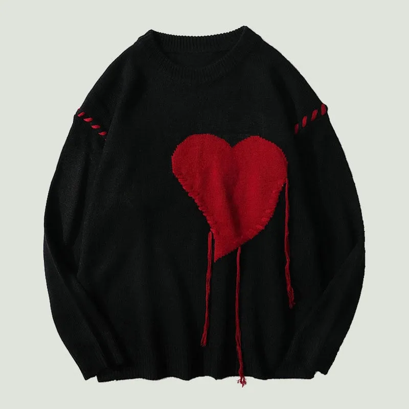 Harajuku Heart-shape Pattern Tassel Knitted Ugly Sweaters Men Hip Hop Vintage Casual Loose O-Neck College Style Pullover Couples