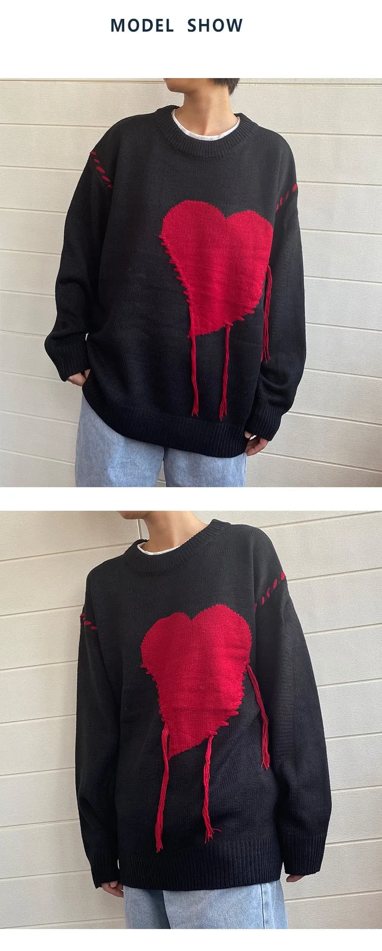 Harajuku Heart-shape Pattern Tassel Knitted Ugly Sweaters Men Hip Hop Vintage Casual Loose O-Neck College Style Pullover Couples