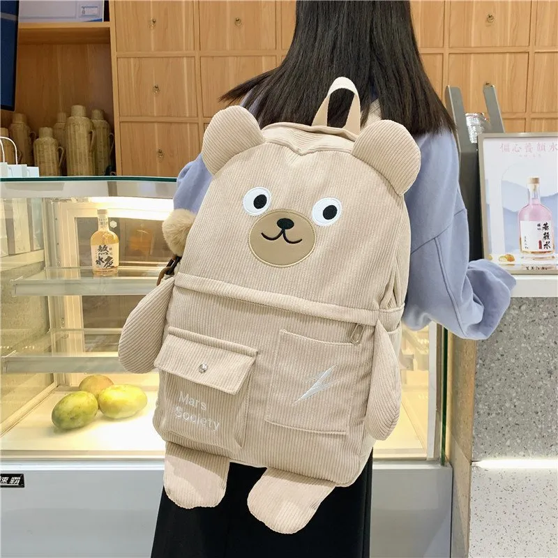 Kawaii Corduroy Bear Backpacks for Cute Women Multi-pockets School Bags Large Capacity Backpack Teenage Girls School Bag Female