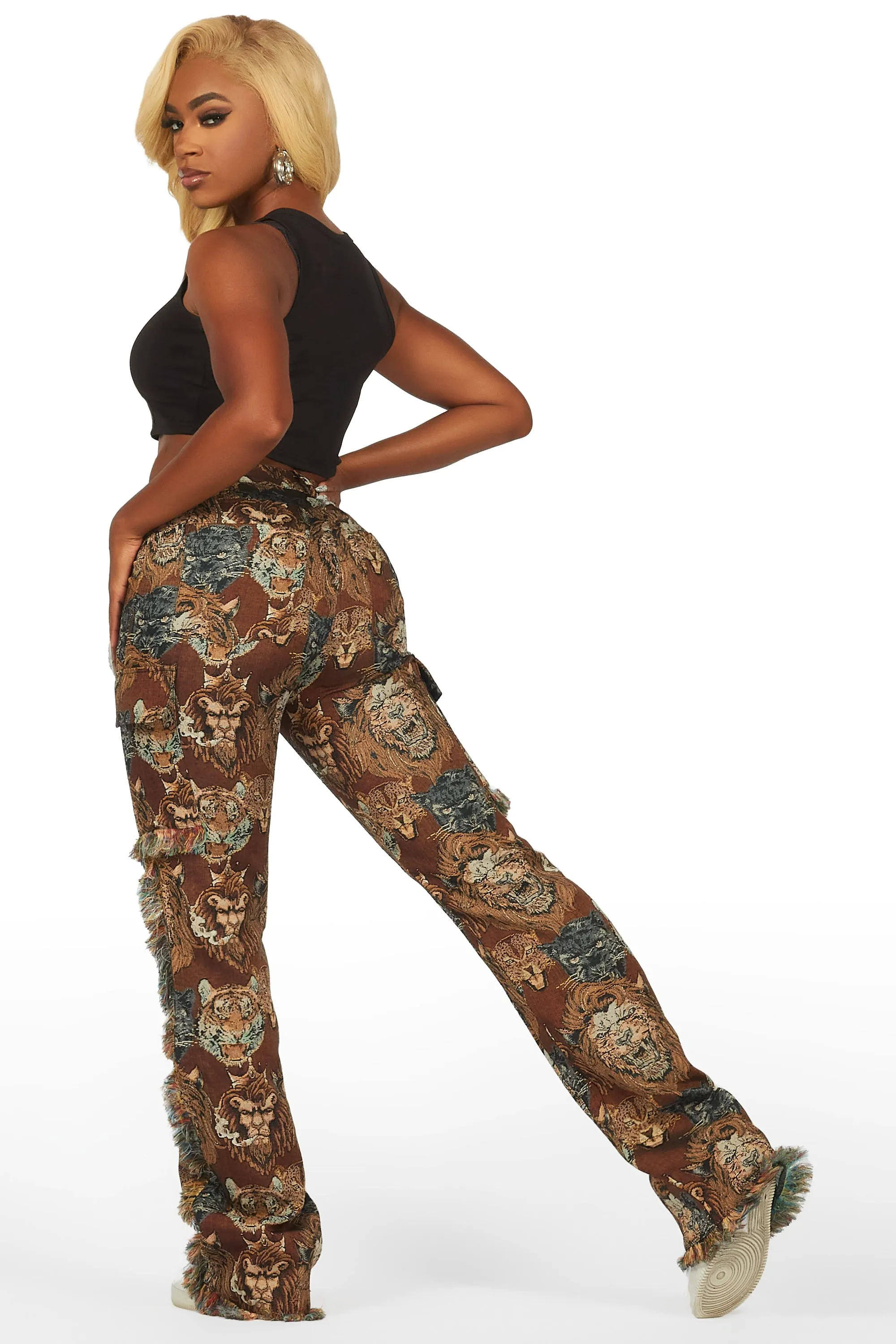 Khadiyah Brown Animal Print Tapestry Stacked Pant