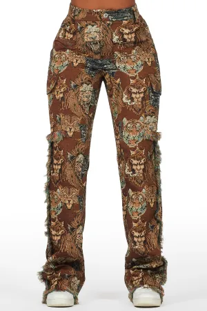 Khadiyah Brown Animal Print Tapestry Stacked Pant