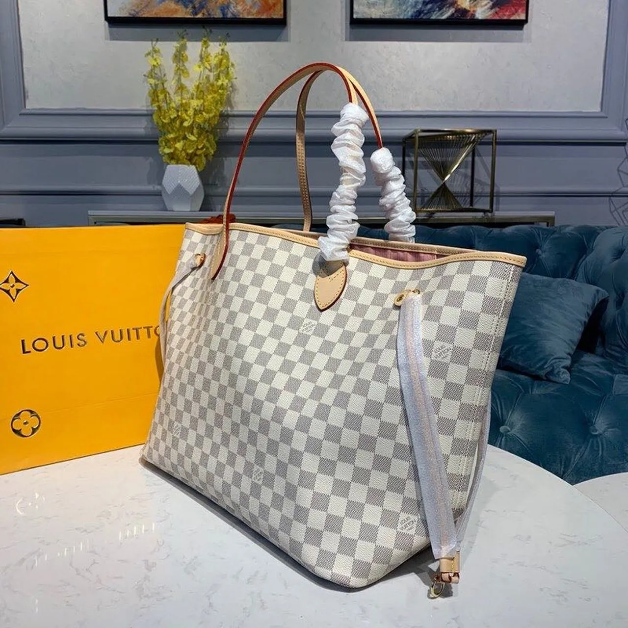 LV Neverfull GM Tote Bag Damier Azur Canvas Rose Ballerine Pink For Women,  Shoulder Bags 15.4in/39cm LV N41604